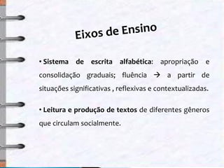 • Sistema de escrita alfabética: apropriação e
consolidação graduais; fluência  a partir de
situações significativas , reflexivas e contextualizadas.
• Leitura e produção de textos de diferentes gêneros
que circulam socialmente.
 