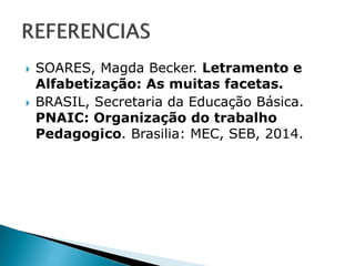  SOARES, Magda Becker. Letramento e
Alfabetização: As muitas facetas.
 BRASIL, Secretaria da Educação Básica.
PNAIC: Organização do trabalho
Pedagogico. Brasilia: MEC, SEB, 2014.
 