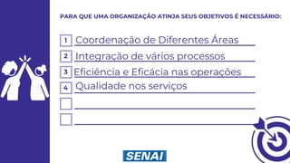 1
2
3
4
Coordenação de Diferentes Áreas
Integração de vários processos
Eficiência e Eficácia nas operações
Qualidade nos serviços
PARA QUE UMA ORGANIZAÇÃO ATINJA SEUS OBJETIVOS É NECESSÁRIO:
 