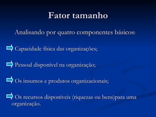 Fator tamanho Analisando por quatro componentes básicos : Capacidade física das organizações; Pessoal disponível na organização; Os insumos e produtos organizacionais;  Os recursos disponíveis (riquezas ou bens)para uma organização. 