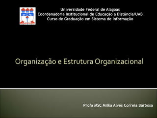 Universidade Federal de Alagoas
Coordenadoria Institucional de Educação a Distância/UAB
Curso de Graduação em Sistema de Informação
Profa MSC Milka Alves Correia Barbosa
 