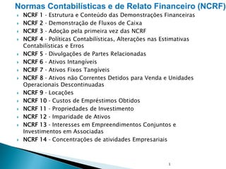  NCRF 1 ‐ Estrutura e Conteúdo das Demonstrações Financeiras
 NCRF 2 ‐ Demonstração de Fluxos de Caixa
 NCRF 3 ‐ Adoção pela primeira vez das NCRF
 NCRF 4 ‐ Políticas Contabilísticas, Alterações nas Estimativas
Contabilísticas e Erros
 NCRF 5 ‐ Divulgações de Partes Relacionadas
 NCRF 6 ‐ Ativos Intangíveis
 NCRF 7 ‐ Ativos Fixos Tangíveis
 NCRF 8 ‐ Ativos não Correntes Detidos para Venda e Unidades
Operacionais Descontinuadas
 NCRF 9 ‐ Locações
 NCRF 10 ‐ Custos de Empréstimos Obtidos
 NCRF 11 ‐ Propriedades de Investimento
 NCRF 12 ‐ Imparidade de Ativos
 NCRF 13 ‐ Interesses em Empreendimentos Conjuntos e
Investimentos em Associadas
 NCRF 14 ‐ Concentrações de atividades Empresariais
1
Normas Contabilísticas e de Relato Financeiro (NCRF)
 