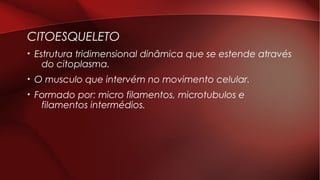 CITOESQUELETO
• Estrutura tridimensional dinâmica que se estende através
do citoplasma.
• O musculo que intervém no movimento celular.
• Formado por: micro filamentos, microtubulos e
filamentos intermédios.
 