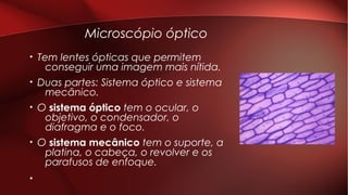 Microscópio óptico
• Tem lentes ópticas que permitem
conseguir uma imagem mais nítida.
• Duas partes: Sistema óptico e sistema
mecânico.
• O sistema óptico tem o ocular, o
objetivo, o condensador, o
diafragma e o foco.
• O sistema mecânico tem o suporte, a
platina, o cabeça, o revolver e os
parafusos de enfoque.
•
 