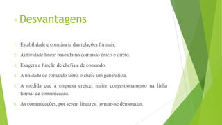 ◦ Desvantagens
1. Estabilidade e constância das relações formais.
2. Autoridade linear baseada no comando único e direto.
3. Exagera a função de chefia e de comando.
4. A unidade de comando torna o chefe um generalista.
5. A medida que a empresa cresce, maior congestionamento na linha
formal de comunicação.
6. As comunicações, por serem lineares, tornam-se demoradas.
 