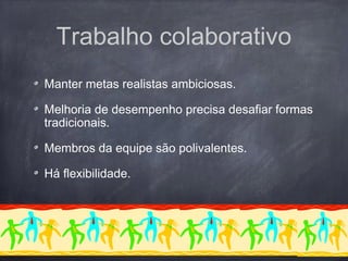 Trabalho colaborativo
Manter metas realistas ambiciosas.
Melhoria de desempenho precisa desafiar formas
tradicionais.
Membros da equipe são polivalentes.
Há flexibilidade.
 