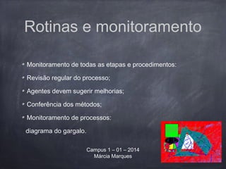 Rotinas e monitoramento
Monitoramento de todas as etapas e procedimentos:
Revisão regular do processo;
Agentes devem sugerir melhorias;
Conferência dos métodos;
Monitoramento de processos:
diagrama do gargalo.
Campus 1 – 01 – 2014
Márcia Marques
 