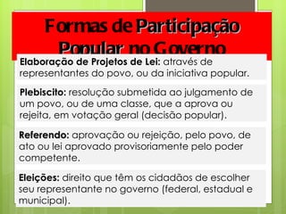 Formas de  Participação   Popular  no Governo Elaboração de Projetos de Lei:   através de representantes do povo, ou da iniciativa popular. Plebiscito:  resolução submetida ao julgamento de um povo, ou de uma classe, que a aprova ou rejeita, em votação geral (decisão popular). Referendo:   aprovação ou rejeição, pelo povo, de ato ou lei aprovado provisoriamente pelo poder competente. Eleições:   direito que têm os cidadãos de escolher seu representante no governo (federal, estadual e municipal). 