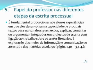 Papel do professor nas diferentes etapas da escrita processualÉ fundamental proporcionar aos alunos experiências em que eles desenvolvam a capacidade de produzir textos para narrar, descrever, expor, explicar, comentar ou argumentar, integrados em projectos de escrita com ligação ao trabalho sobre os textos literários, à exploração dos meios de informação e comunicação ou ao estudo das matérias escolares (página 140 – 3.4.4.);1/2