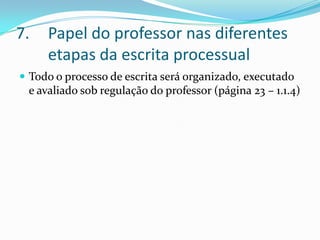 Papel do professor nas diferentes etapas da escrita processualTodo o processo de escrita será organizado, executado e avaliado sob regulação do professor (página 23 – 1.1.4)