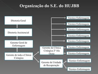 Organização do S.E. do HUJBB Diretoria Geral Diretoria Assistencial Gerente de toda a Clínica Cirúrgica Gerente Geral de Enfermagem Técnico Enfermagem Técnico Enfermagem Técnico Enfermagem Gerente da Clínica Cirúrgica 2ª Ala Oeste Técnico Enfermagem Técnico Enfermagem Técnico Enfermagem Técnico Enfermagem Gerente da Unidade de Recuperação Técnico Enfermagem Técnico Enfermagem 