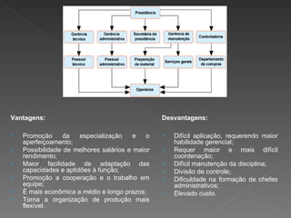 Vantagens: Promoção da especialização e o aperfeiçoamento; Possibilidade de melhores salários e maior rendimento; Maior facilidade de adaptação das capacidades e aptidões à função; Promoção a cooperação e o trabalho em equipe; É mais econômica a médio e longo prazos; Torna a organização de produção mais flexível. Desvantagens: Difícil aplicação, requerendo maior habilidade gerencial; Requer maior e mais difícil coordenação; Difícil manutenção da disciplina; Divisão de controle; Dificuldade na formação de chefes administrativos; Elevado custo. 