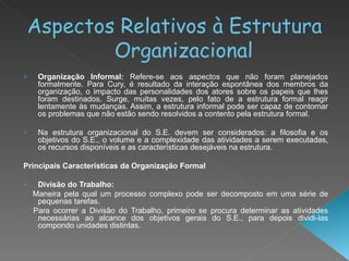 Aspectos Relativos à Estrutura Organizacional Organização Informal:  Refere-se aos aspectos que não foram planejados formalmente. Para Cury, é resultado da interação espontânea dos membros da organização, o impacto das personalidades dos atores sobre os papeis que lhes foram destinados. Surge, muitas vezes, pelo fato de a estrutura formal reagir lentamente às mudanças. Assim, a estrutura informal pode ser capaz de contornar os problemas que não estão sendo resolvidos a contento pela estrutura formal. Na estrutura organizacional do S.E. devem ser considerados: a filosofia e os objetivos do S.E., o volume e a complexidade das atividades a serem executadas, os recursos disponíveis e as características desejáveis na estrutura. Principais Características da Organização Formal Divisão do Trabalho:  -  Maneira pela qual um processo complexo pode ser decomposto em uma série de pequenas tarefas. -   Para ocorrer a Divisão do Trabalho, primeiro se procura determinar as atividades necessárias ao alcance dos objetivos gerais do S.E., para depois dividi-las compondo unidades distintas. 