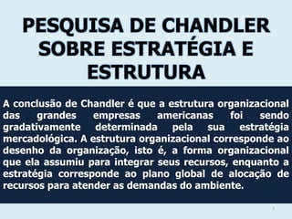 PESQUISA DE CHANDLER
SOBRE ESTRATÉGIA E
ESTRUTURA
A conclusão de Chandler é que a estrutura organizacional
das
grandes
empresas
americanas
foi
sendo
gradativamente
determinada
pela
sua
estratégia
mercadológica. A estrutura organizacional corresponde ao
desenho da organização, isto é, a forma organizacional
que ela assumiu para integrar seus recursos, enquanto a
estratégia corresponde ao plano global de alocação de
recursos para atender as demandas do ambiente.
7

 