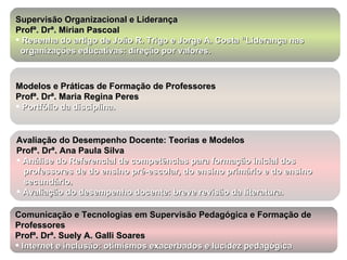 Supervisão Organizacional e Liderança Profª. Drª. Mirian Pascoal Resenha do artigo de João R. Trigo e Jorge A. Costa “Liderança nas  organizações educativas: direção por valores. Modelos e Práticas de Formação de Professores Profª. Drª. Maria Regina Peres Portfólio da disciplina. Avaliação do Desempenho Docente: Teorias e Modelos Profª. Drª. Ana Paula Silva Análise do Referencial de competências para formação inicial dos  professores de do ensino pré-escolar, do ensino primário e do ensino  secundário. Avaliação do desempenho docente: breve revisão da literatura. Comunicação e Tecnologias em Supervisão Pedagógica e Formação de  Professores Profª. Drª. Suely A. Galli Soares Internet e inclusão: otimismos exacerbados e lucidez pedagógica 