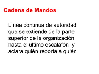 Cadena de Mandos Línea continua de autoridad que se extiende de la parte superior de la organización hasta el último escalafón  y aclara quién reporta a quién 