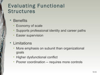 13-14
Evaluating Functional
Structures
 Benefits
• Economy of scale
• Supports professional identity and career paths
• Easier supervision
 Limitations
• More emphasis on subunit than organizational
goals
• Higher dysfunctional conflict
• Poorer coordination -- requires more controls
 
