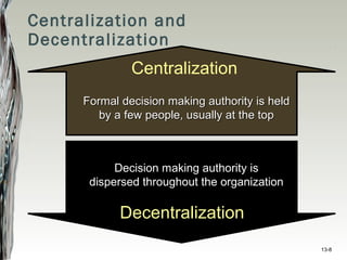13-8
Formal decision making authority is heldFormal decision making authority is held
by a few people, usually at the topby a few people, usually at the top
Centralization
Decision making authority is
dispersed throughout the organization
Decentralization
Centralization and
Decentralization
 