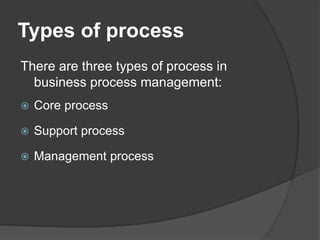 Types of process
There are three types of process in
business process management:
 Core process
 Support process
 Manag...