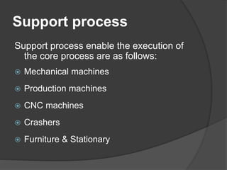 Support process
Support process enable the execution of
the core process are as follows:
 Mechanical machines
 Productio...