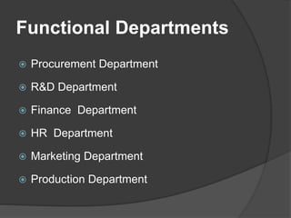 Functional Departments
 Procurement Department
 R&D Department
 Finance Department
 HR Department
 Marketing Departme...