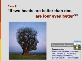 Organisation Behaviour Case 8 :   “ If two heads are better than one,  are four even better ?” Team member  : Mohd Jaladi Muda  (CGS00544501) Ooi Tse Zher  (CGS00531001) Veni Priya  (CGS00531501) Seow Swee Miee  ( CGS00528301) 