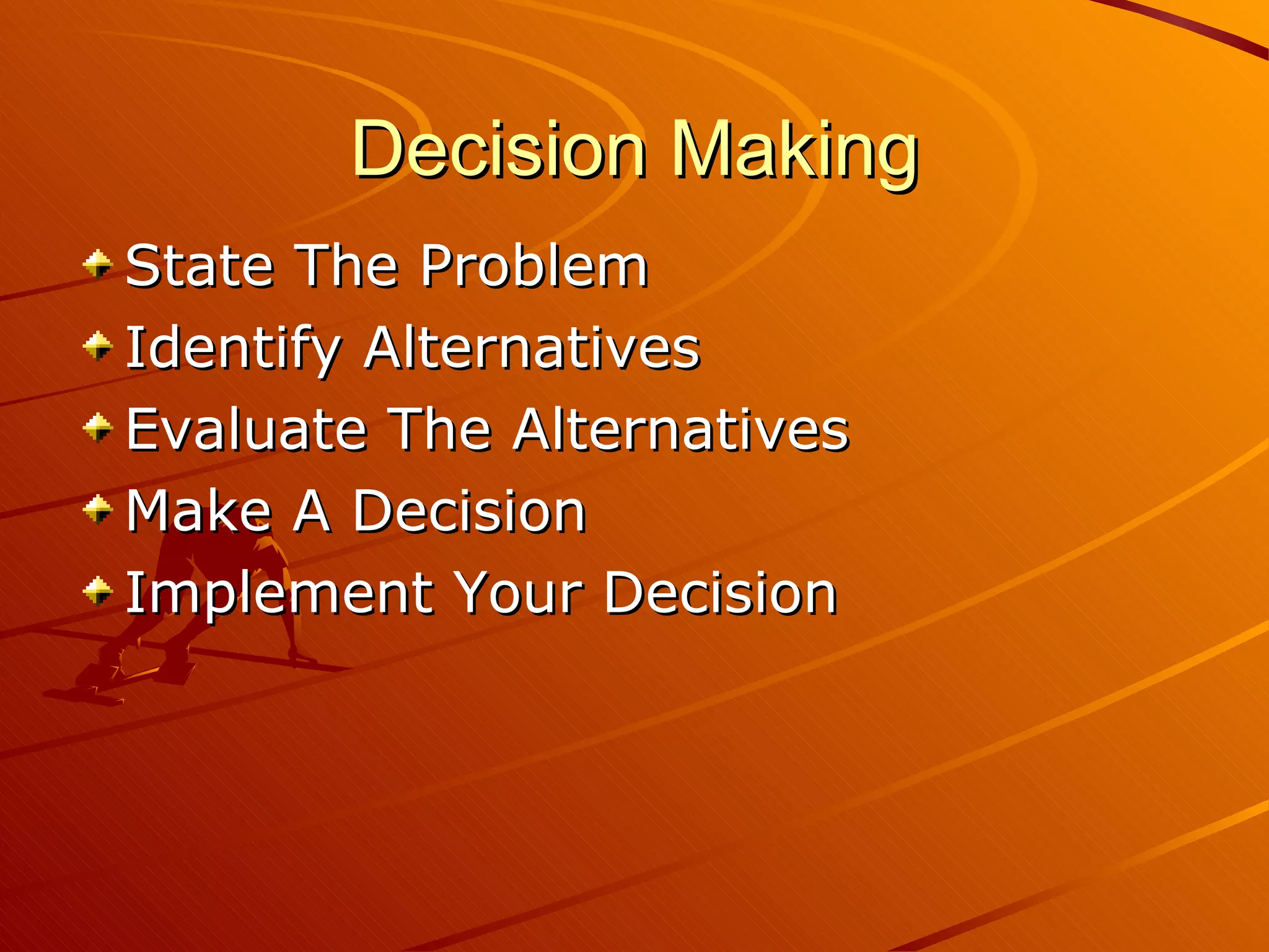 Decision Making State The Problem  Identify Alternatives  Evaluate The Alternatives  Make A Decision  Implement Your Decision 