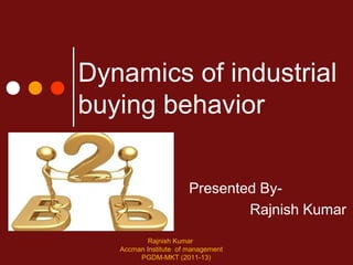 Dynamics of industrial
buying behavior


                       Presented By-
                               Rajnish Kumar
           Rajnish Kumar
   Accman Institute of management
        PGDM-MKT (2011-13)
 