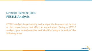 PESTLE analysis helps identify and analyze the key external factors
or the macro forces that affect an organization. During a PESTLE
analysis, you should examine and identify changes in each of the
following areas.
Strategic Planning Tools
PESTLE Analysis
 