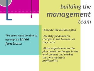 The team must be able to accomplish  three functions : Execute the business plan Identify fundamental changes in the business as they occur Make adjustments to the plan based on changes in the environment and market that will maintain profitability building the  management  team 