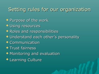 Setting rules for our organizationSetting rules for our organization
 Purpose of the workPurpose of the work
 Using resourcesUsing resources
 Roles and responsibilitiesRoles and responsibilities
 Understand each other’s personalityUnderstand each other’s personality
 CommunicationCommunication
 Trust fairnessTrust fairness
 Monitoring and evaluationMonitoring and evaluation
 Learning CultureLearning Culture
 