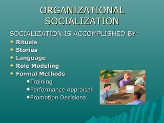 ORGANIZATIONALORGANIZATIONAL
SOCIALIZATIONSOCIALIZATION
SOCIALIZATION IS ACCOMPLISHED BY:SOCIALIZATION IS ACCOMPLISHED BY:
 RitualsRituals
 StoriesStories
 LanguageLanguage
 Role ModelingRole Modeling
 Formal MethodsFormal Methods
TrainingTraining
Performance AppraisalPerformance Appraisal
Promotion DecisionsPromotion Decisions
 