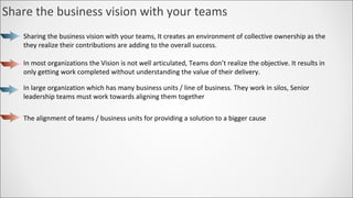 Share the business vision with your teams
Sharing the business vision with your teams, It creates an environment of collec...