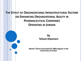 THE EFFECT OF ORGANIZATIONAL INFRASTRUCTURAL FACTORS
ON ENHANCING ORGANIZATIONAL AGILITY IN
PHARMACEUTICAL COMPANIES
OPERATING IN JORDAN
By
Tahani Alyamani
Master Thesis Presented for MBA degree in the
University of Jordan
 