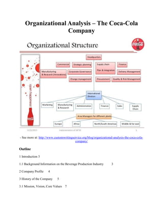 Organizational Analysis – The Coca-Cola
Company
- See more at: http://www.customwritingservice.org/blog/organizational-analysis-the-coca-cola-
company/
Outline
1 Introduction 3
1.1 Background Information on the Beverage Production Industry 3
2 Company Profile 4
3 History of the Company 5
3.1 Mission, Vision, Core Values 7
 