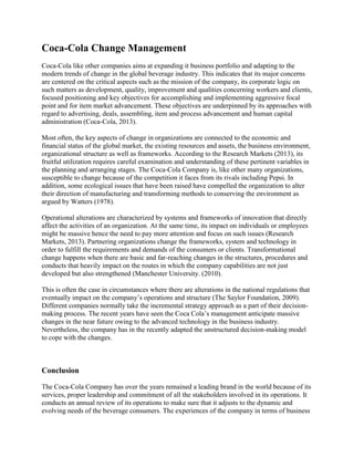 Organizational Analysis The Coca Cola Company Pdf