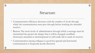 Structure
• Communication efficiency decreases with the number of levels through
which the communication must pass through before reaching the intended
receiver.
• Reason: The more levels of administration through which a message must be
transmitted the greater the danger that it will be changed, modified,
shortened, amended or misinterpreted or will totally fail to reach its receiver.
• Communication among collegues is good but upward and downward
communication is frequently poorly distorted.
 