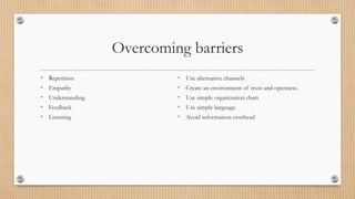 Overcoming barriers
• Repetition
• Empathy
• Understanding
• Feedback
• Listening
• Use alternative channels
• Create an environment of trust and openness.
• Use simple organization chart
• Use simple language
• Avoid information overhead
 