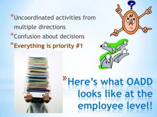 *Here’s what OADD
looks like at the
employee level!
*Uncoordinated activities from
multiple directions
*Confusion about de...