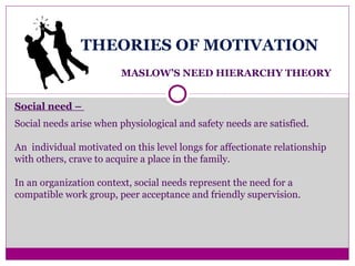 THEORIES OF MOTIVATION
MASLOW’S NEED HIERARCHY THEORY
Social need –
Social needs arise when physiological and safety needs are satisfied.
An individual motivated on this level longs for affectionate relationship
with others, crave to acquire a place in the family.
In an organization context, social needs represent the need for a
compatible work group, peer acceptance and friendly supervision.
 