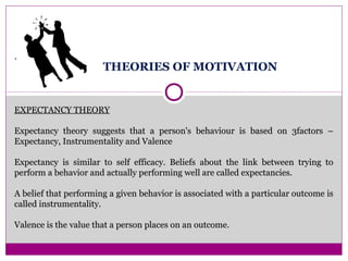 THEORIES OF MOTIVATION
EXPECTANCY THEORYEXPECTANCY THEORY
Expectancy theory suggests that a person's behaviour is based on 3factors –Expectancy theory suggests that a person's behaviour is based on 3factors –
Expectancy, Instrumentality and ValenceExpectancy, Instrumentality and Valence
Expectancy is similar to self efficacy. Beliefs about the link between trying toExpectancy is similar to self efficacy. Beliefs about the link between trying to
perform a behavior and actually performing well are called expectancies.perform a behavior and actually performing well are called expectancies.
A belief that performing a given behavior is associated with a particular outcome isA belief that performing a given behavior is associated with a particular outcome is
called instrumentality.called instrumentality.
Valence is the value that a person places on an outcome.Valence is the value that a person places on an outcome.
.
 