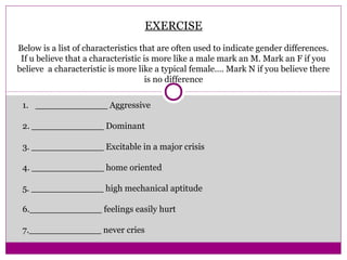 EXERCISE
Below is a list of characteristics that are often used to indicate gender differences.
If u believe that a characteristic is more like a male mark an M. Mark an F if you
believe a characteristic is more like a typical female…. Mark N if you believe there
is no difference
1. _____________ Aggressive
2. _____________ Dominant
3. _____________ Excitable in a major crisis
4. _____________ home oriented
5. _____________ high mechanical aptitude
6._____________ feelings easily hurt
7._____________ never cries
 