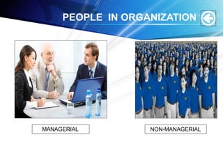PEOPLE IN ORGANIZATION
MANAGERIAL NON-MANAGERIAL
 