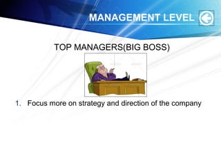 MANAGEMENT LEVEL
TOP MANAGERS(BIG BOSS)
1. Focus more on strategy and direction of the company
 
