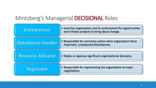 Mintzberg’s Managerial DECISIONAL Roles
10
• Searches organization and its environment for opportunities
and initiates projects to bring about change.Entrepreneur
• Responsible for corrective action when organization faces
important, unexpected disturbances.Disturbance Handler
• Makes or approve significant organizational decisions.Resource Allocator
• Responsible for representing the organization at major
negotiationsNegotiator
 