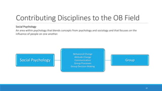 Contributing Disciplines to the OB Field
Social Psychology
An area within psychology that blends concepts from psychology and sociology and that focuses on the
influence of people on one another.
27
Social Psychology
Behavioral Change
Attitude Change
Communication
Group Processes
Group Decision Making
Group
 