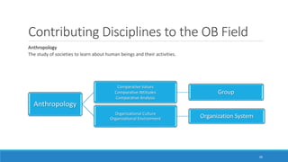 Contributing Disciplines to the OB Field
Anthropology
The study of societies to learn about human beings and their activities.
28
Anthropology
Comparative Values
Comparative Attitudes
Comparative Analysis
Group
Organizational Culture
Organizational Environment Organization System
 