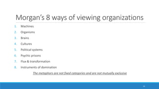 Morgan’s 8 ways of viewing organizations
1. Machines
2. Organisms
3. Brains
4. Cultures
5. Political systems
6. Psychic prisons
7. Flux & transformation
8. Instruments of domination
The metaphors are not fixed categories and are not mutually exclusive
33
 
