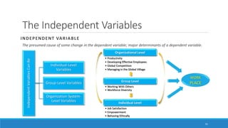 The Independent Variables
INDEPENDENT VARIABLE
The presumed cause of some change in the dependent variable; major determinants of a dependent variable.
55
IndependentVariablesCanBe
Individual-Level
Variables
Group-Level Variables
Organization System-
Level Variables
Organizational Level
• Productivity
• Developing Effective Employees
• Global Competition
• Managing in the Global Village
Group Level
• Working With Others
• Workforce Diversity
Individual Level
• Job Satisfaction
• Empowerment
• Behaving Ethically
WORK
PLACE
 
