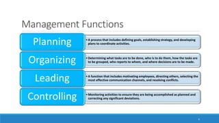 Management Functions
6
•A process that includes defining goals, establishing strategy, and developing
plans to coordinate activities.Planning
•Determining what tasks are to be done, who is to do them, how the tasks are
to be grouped, who reports to whom, and where decisions are to be made.Organizing
•A function that includes motivating employees, directing others, selecting the
most effective communication channels, and resolving conflicts.Leading
•Monitoring activities to ensure they are being accomplished as planned and
correcting any significant deviations.Controlling
 